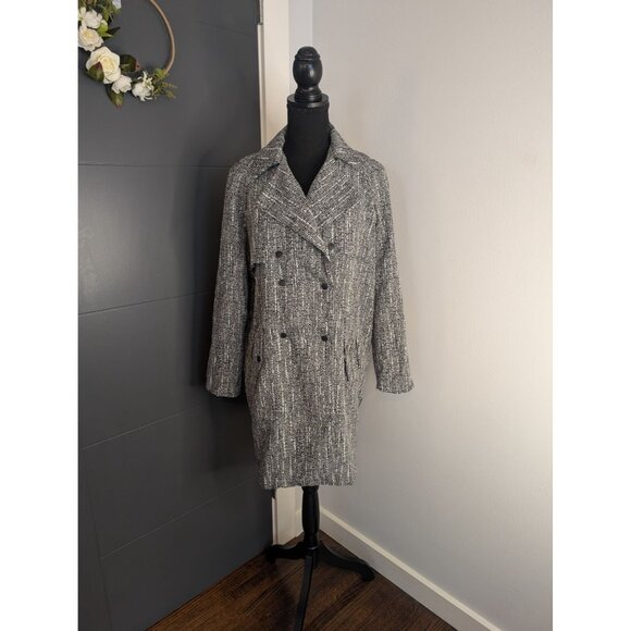 Topshop Black and White Storm Flap Unlined Double Breasted Duster Trench Coat: 4 - Picture 1 of 11